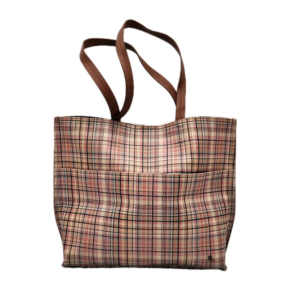 Elliott Lucca Delphine Plaid Faux Leather Tote Bag East West Vegan Modern Chic‎